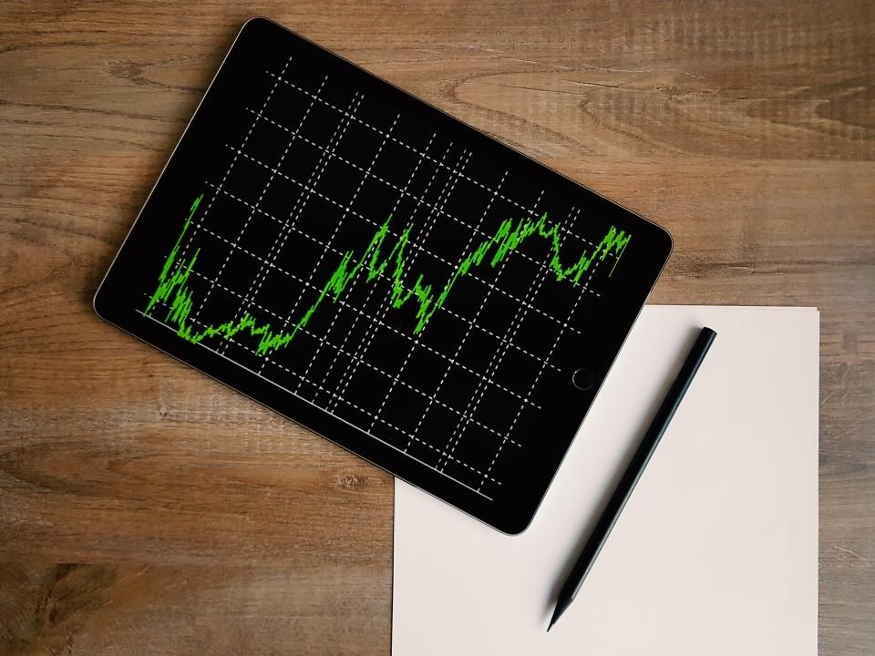 Indicadores e gráficos exibidos em um tablet